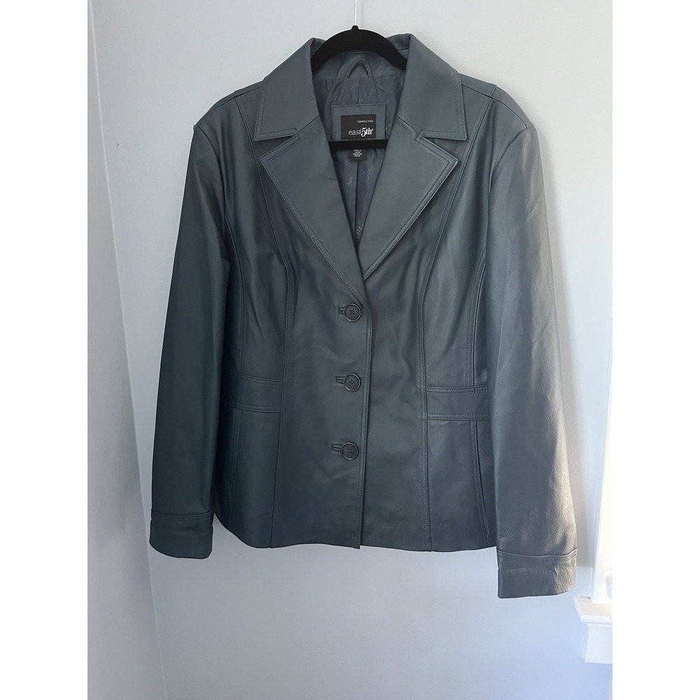 East 5th Women's Genuine Leather Jacket Size XL Blue Button Up Long Sleeve Lined